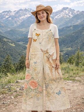 Cream Floral & Deer Print Wide-Leg Overalls